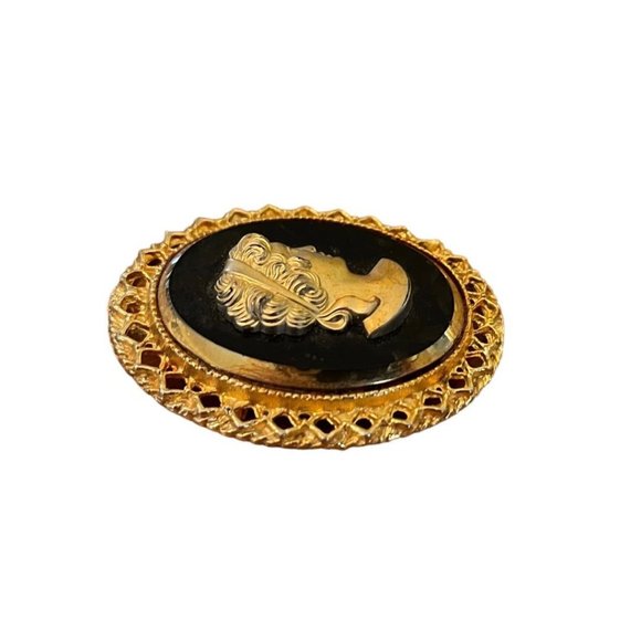 Oval Goldtone Black Cameo Brooch or Necklace Pendant 2" - Picture 8 of 8